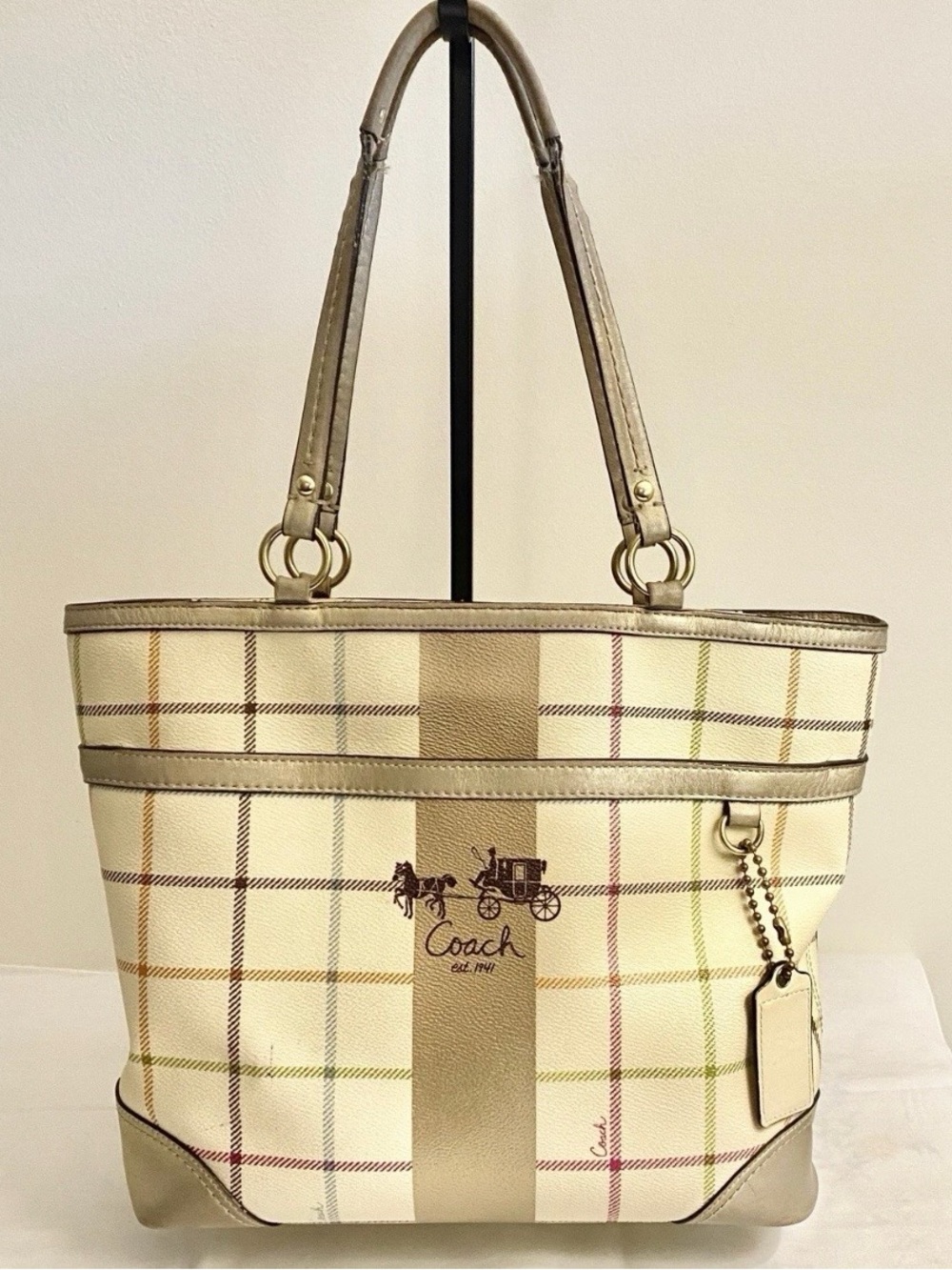 COACH Peyton Tattersall Tote Shoulder Bag Ivory with Multicolored Stripes 13033 - Picture 4 of 15